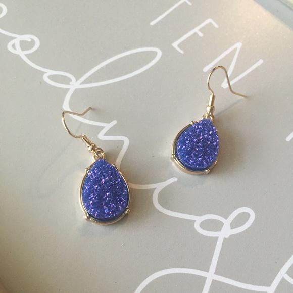 Druzy Resin Blue Violet Gold Hook Drop Earrings - Picture 4 of 6